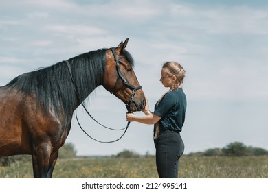 Young woman standing next to horse on field and touching horse muzzle with hand.