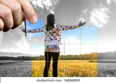 Young Woman Standing On Field With Hands Wide Open. Concept Of Positive Personal Perspective Toward Life.