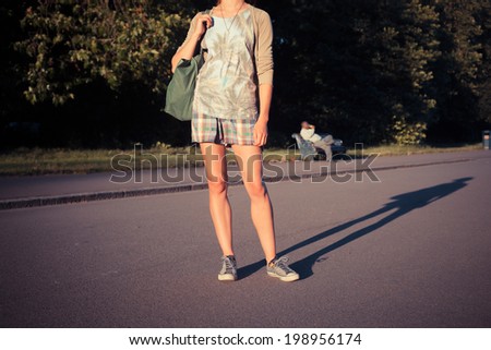 Similar – Foto Bild Junger Mann fährt auf dem Skate und hält Surfbrett.