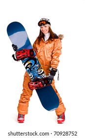 Young Woman Standing With Snowboard Isolated On White