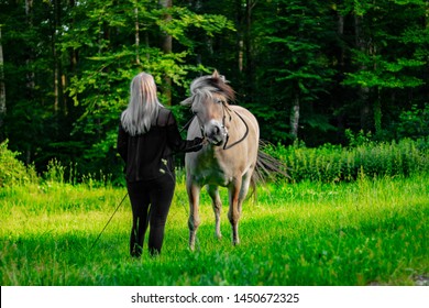 Young Woman Stands With Stubborn Horse In The Lush Green Nature