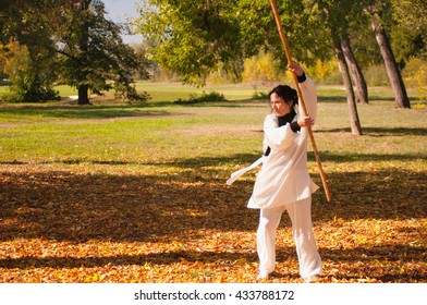 Young Woman Stick Training Kung Fu Stock Photo (Edit Now) 433788172