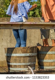 Young Woman  Stomping Grapes In Wooden Barrel During The  Grape Stomp Festival; Missouri, Midwest