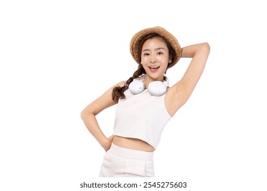 Young woman in a straw hat with headphones, smiling and posing against a white background. - Powered by Shutterstock