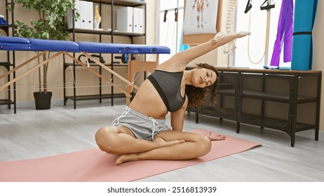 A young woman stretches on a yoga mat in a bright rehabilitation center's gym, showcasing health and fitness. - Powered by Shutterstock