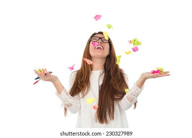 Young Woman Student With Post Its In The Air Against A White Background