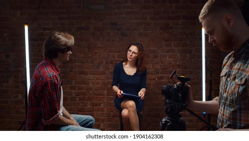 Young Woman Studio Reporter Man Cameraman Stock Photo 1904162308 