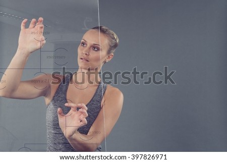 Similar – Close up side view profile portrait of one young middle age athletic woman shadow boxing in sportswear in gym over dark background, looking away