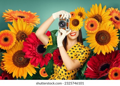 A young woman styled in a 50's fashion, capturing memories with a vintage film camera. Her face is partially covered by surreal, oversized flowers, surrounded by an arrangement of blossoms.