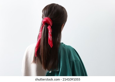 Young Woman With Stylish Red Bandana On Light Background, Back View