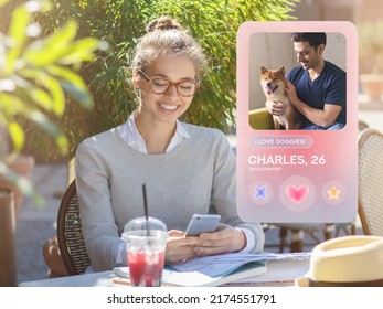 Young Woman In Stylish Specs Using Dating App On Mobile Phone Sitting In Cafe Outdoors, Liking Profile Of Handsome Guy With Dog, Enjoying Summer Morning. Modern Virtual Relationships