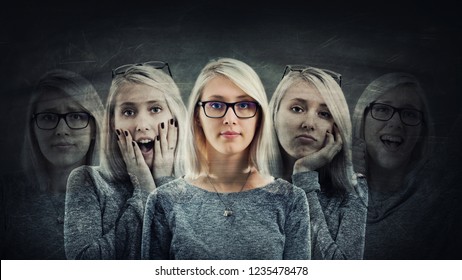Young woman suffer split emotions into five different inner personalities. Multipolar mental health disorder concept. Schizophrenia psychiatric disease. Face expressions and reactions mood change.