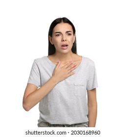 Young Woman Suffering From Breathing Problem On White Background