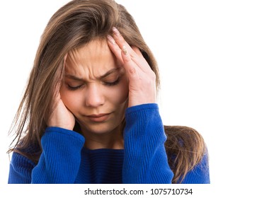 Young Woman Suffering Head Ache Rubbing Painful Temples With Hands As Stress Tension Problem Concept Isolated On White Background