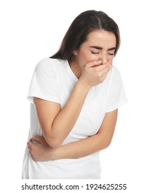 Young woman suffering from stomach ache and nausea on white background. Food poisoning