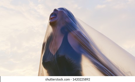 A Young Woman Suffocating Under Plastic Foil Tries To Free Herself, Gasping For Air.