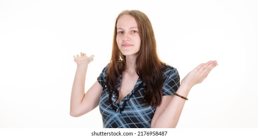 Young Woman Surprised Disillusioned Both Hands Up