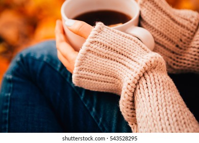 Young woman in a sweater and jeans relaxing drink tea on autumn  background - Shutterstock ID 543528295