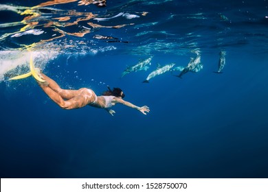 Young woman swim underwater with dolphins in blue ocean. Mauritius