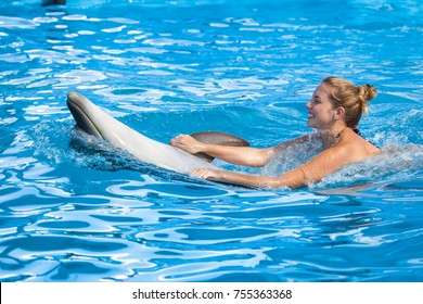 Young woman swimming with dolphin