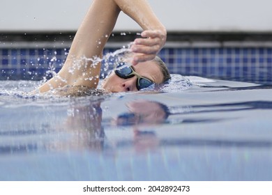 Young Woman Swimming In A Pool