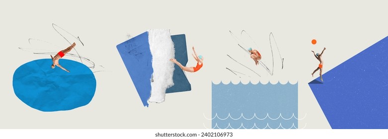 Young woman in swimsuit diving into water, man playing beach volleyball. Pastel colors. Summer activity. Contemporary art collage. Concept of sport, action, hobby, championship and competition - Powered by Shutterstock