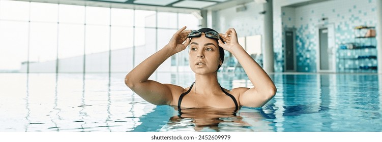 A young woman in a swimsuit and swim cap gracefully glides through the water, wearing goggles in a serene indoor spa. - Powered by Shutterstock