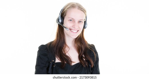 young woman switchboard operator telephone operator happy beaming with wide beautiful smile on white background