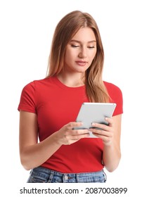 Young Woman With Tablet Computer On White Background