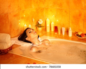 Young Woman Take Bubble  Bath.