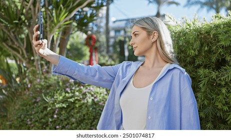 A young woman takes a selfie in a lush garden on a sunny day, exuding casual elegance and joy. - Powered by Shutterstock