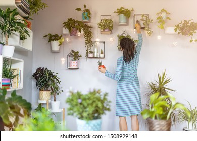 Young Woman Taking Care Of Her Potted Plants At Home
