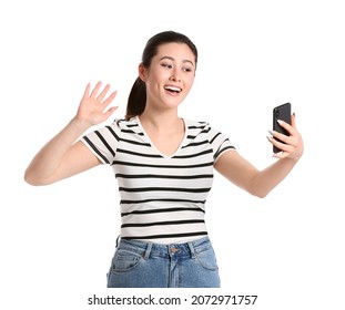 Young woman taking selfie on white background - Shutterstock ID 2072971757