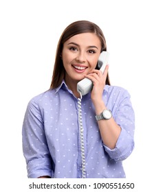 Young Woman Talking On Phone Against White Background