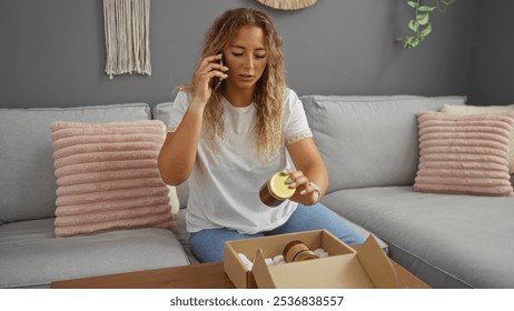 Young woman talking on the phone while examining a jar in a house living room - Powered by Shutterstock