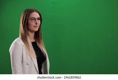 Young Woman Taps On A Large Imaginary Touchscreen - Studio Photography