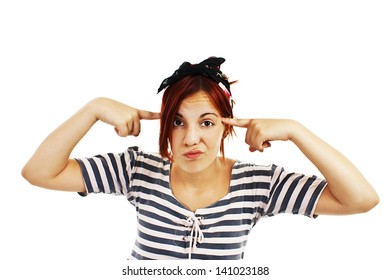 Young Woman Taps One's Forehead On White Background