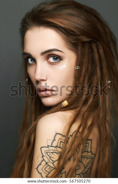 Young Woman Tattoo Dreadlocksbeautiful Girl Makeupfashion