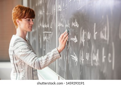 Young Woman Teacher In College. Instruction In A University Classroom. Blackboard Described By Chalk. Projection From The Data Projector