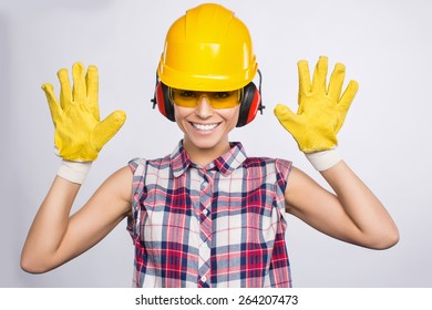 Young Woman With Toolbelt Gloves Level Safety Glasses