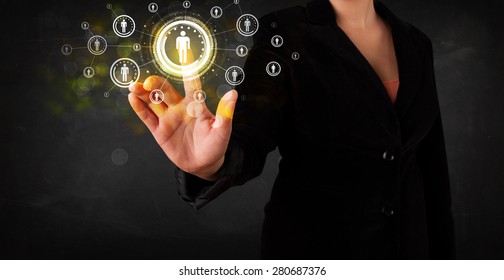 Young woman touching future technology social network button - Shutterstock ID 280687376