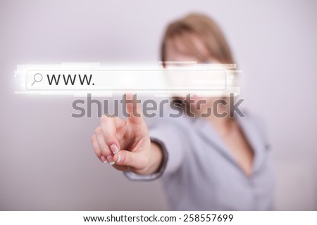Young woman touching web browser address bar with www sign 