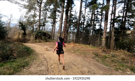 Young Woman Trail Running In The Mountains With Her Dog