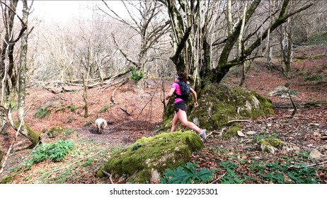 Young Woman Trail Running In The Mountains With Her Dog