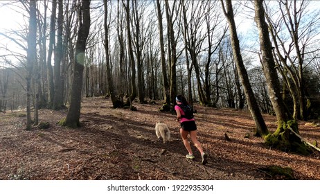 Young Woman Trail Running In The Mountains With Her Dog