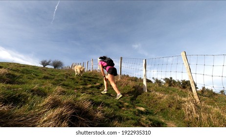 Young Woman Trail Running In The Mountains With Her Dog