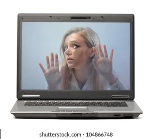 Young Woman Trapped In A Laptop Screen
