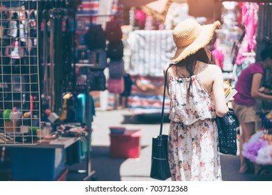 Young Woman Traveler Is Visiting At Mongkok In Hong Kong.