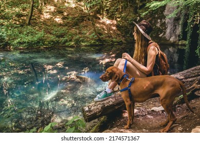 Young woman traveling with dog. Girl in fedora hat and backpack sitting on log with Hungarian Vizsla and watching mountain waterfall in forest. Girl and her pet hiking and have a rest near lake.