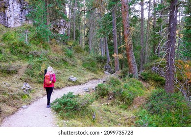Young woman trekking on the  Adolf Munkel Trail in the Dolomites, Northern Italy, Europe. Amazing Dolomites landscape near Santa Magdalena.                              